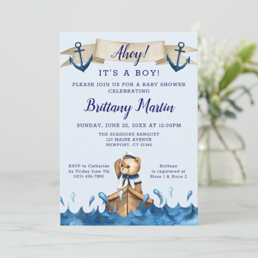 Blue Nautical Anchor Sailor Beer Baby shower Kaart (Staand voorkant)