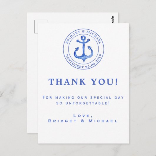 Blue Nautical Anchor | Weddenschap Hartelijk dank Briefkaart (Voorkant / Achterkant)