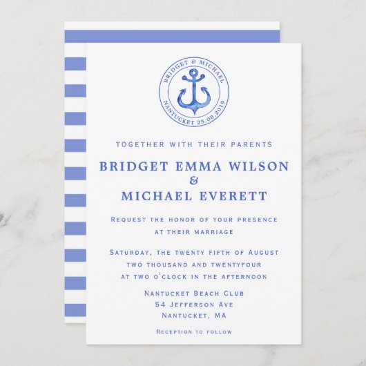 Blue Nautical Anchor Wedding Invitation Kaart (Voorkant / Achterkant)