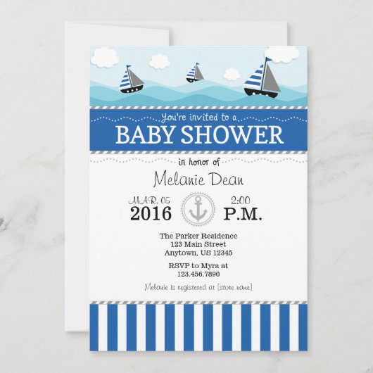 Blue Nautical Baby shower Invitation Kaart (Voorkant)