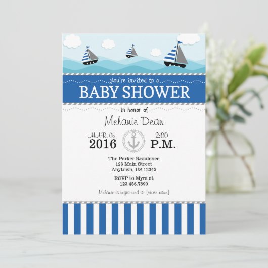 Blue Nautical Baby shower Invitation Kaart (Staand voorkant)