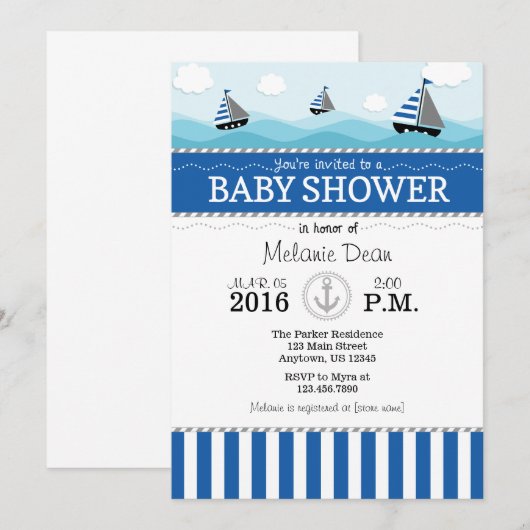 Blue Nautical Baby shower Invitation Kaart (Voorkant / Achterkant)
