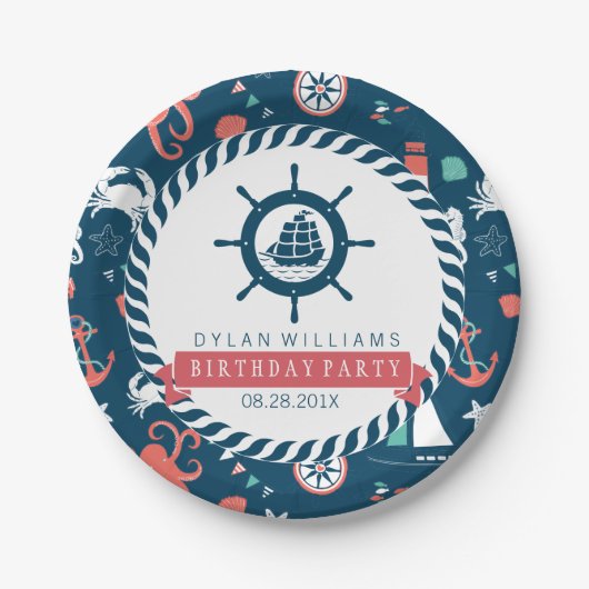 Blue Nautical Boat Wheel & Marine Life Pattern Papieren Bordje (Voorkant)