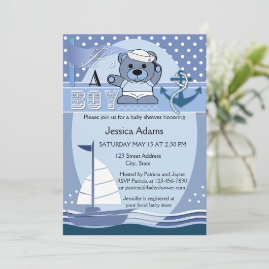 Blue Nautical Boy Baby shower Uitnodiging (Staand voorkant)