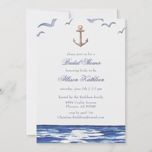 Blue Nautical Coastal Zee Bridal Shower Invitation Kaart (Voorkant)
