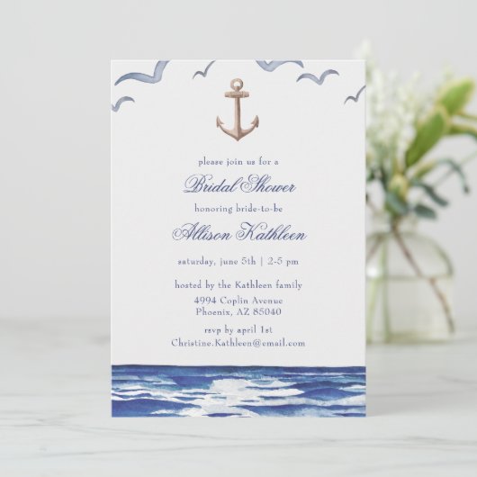 Blue Nautical Coastal Zee Bridal Shower Invitation Kaart (Staand voorkant)
