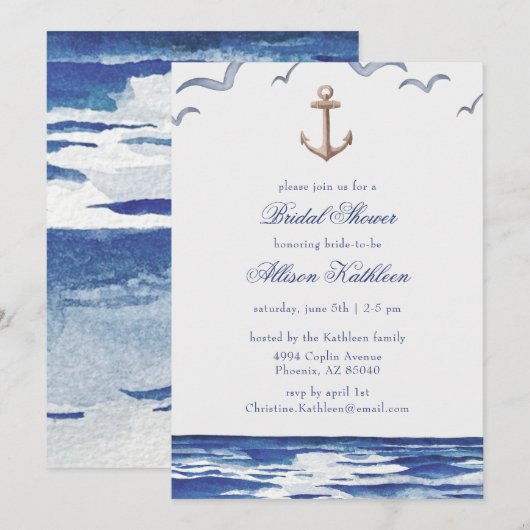Blue Nautical Coastal Zee Bridal Shower Invitation Kaart (Voorkant / Achterkant)