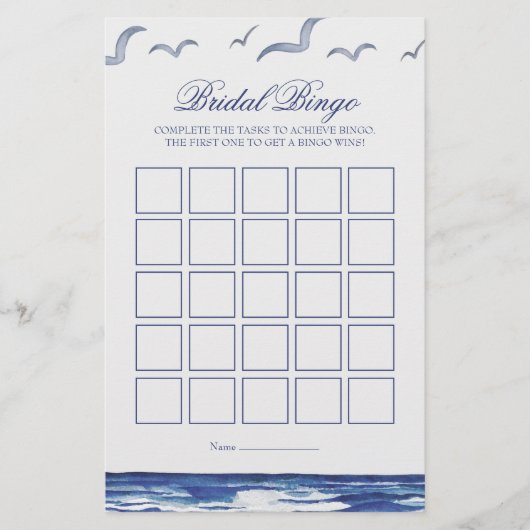 Blue Nautical Coastal Zee Bruids Bingo Game Kaart (Voorkant)