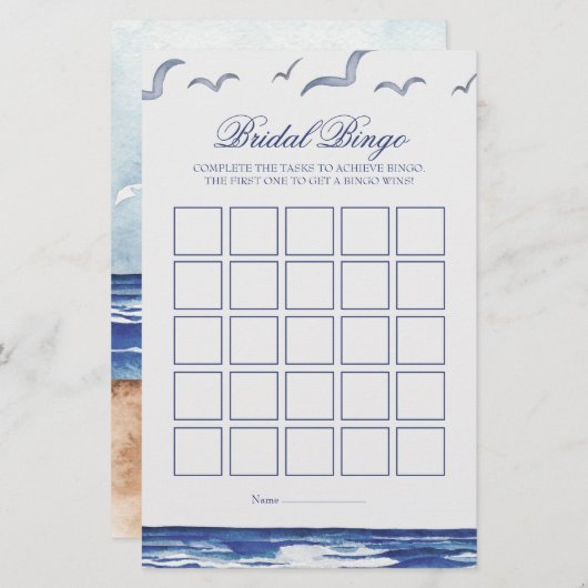 Blue Nautical Coastal Zee Bruids Bingo Game Kaart (Voorkant / Achterkant)
