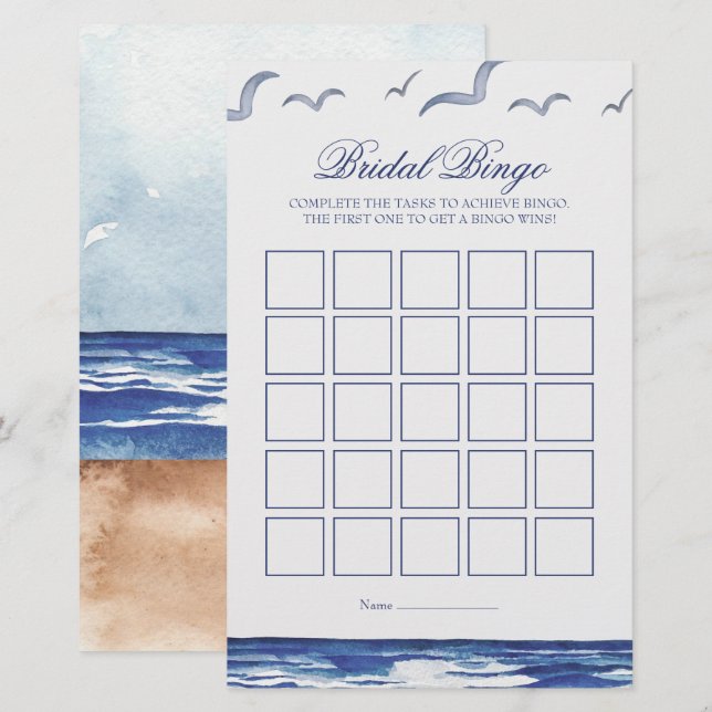Blue Nautical Coastal Zee Bruids Bingo Game Kaart (Voorkant / Achterkant)