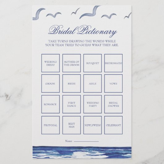 Blue Nautical Coastal Zee Bruids Pictionary Game (Voorkant)