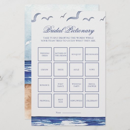 Blue Nautical Coastal Zee Bruids Pictionary Game (Voorkant / Achterkant)