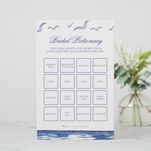 Blue Nautical Coastal Zee Bruids Pictionary Game (Staand voorkant)