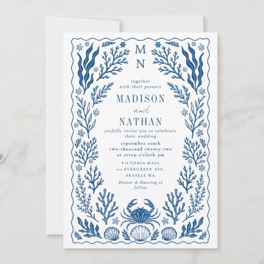 Blue Nautical Crab Shell Ocean Beach Wedding Kaart (Voorkant)