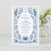 Blue Nautical Crab Shell Ocean Beach Wedding Kaart (Staand voorkant)