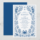 Blue Nautical Crab Shell Ocean Beach Wedding Kaart (Voorkant / Achterkant)