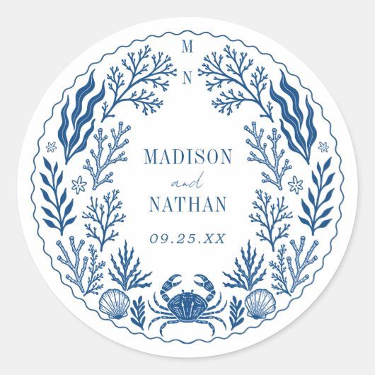 Blue Nautical Crab Shell Ocean Beach Wedding Ronde Sticker (Voorkant)