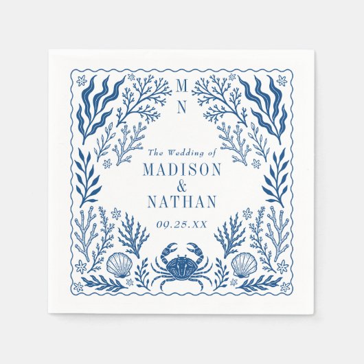 Blue Nautical Crab Shell Ocean Beach Wedding Servet (Voorkant)