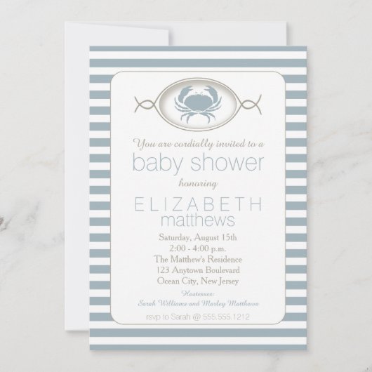 Blue Nautical Crab Striped Baby shower Invitation Kaart (Voorkant)