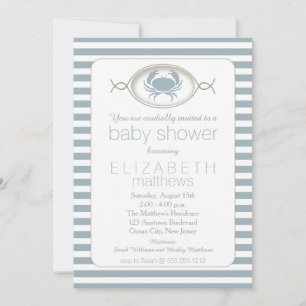 Blue Nautical Crab Striped Baby shower Invitation Kaart
