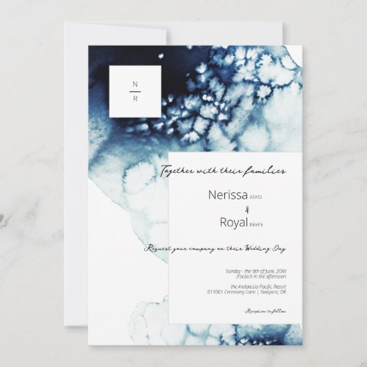 Blue Nautical Destination Wedding Monogram Kaart (Voorkant)