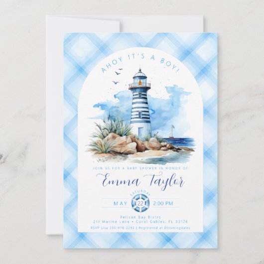 Blue Nautical Lighthouse Boy Baby shower Kaart (Voorkant)