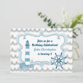 Blue Nautical Lighthouse Jongens Verjaardag Uitnod Kaart (Staand voorkant)