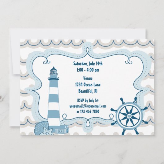 Blue Nautical Lighthouse Jongens Verjaardag Uitnod Kaart (Achterkant)