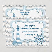 Blue Nautical Lighthouse Jongens Verjaardag Uitnod Kaart (Voorkant / Achterkant)