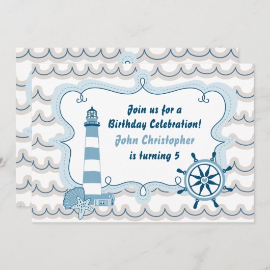 Blue Nautical Lighthouse Jongens Verjaardag Uitnod Kaart (Voorkant / Achterkant)