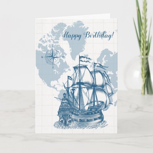 Blue Nautical Map Birthday Kaart (Voorkant)