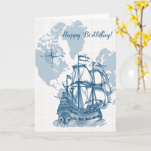 Blue Nautical Map Birthday Kaart (Gele Bloem)
