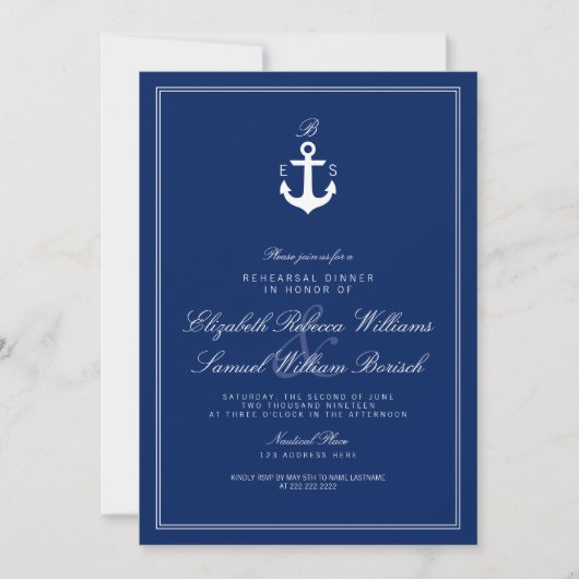 Blue Nautical Monogram Rehearsal Dinner Invite Kaart (Voorkant)