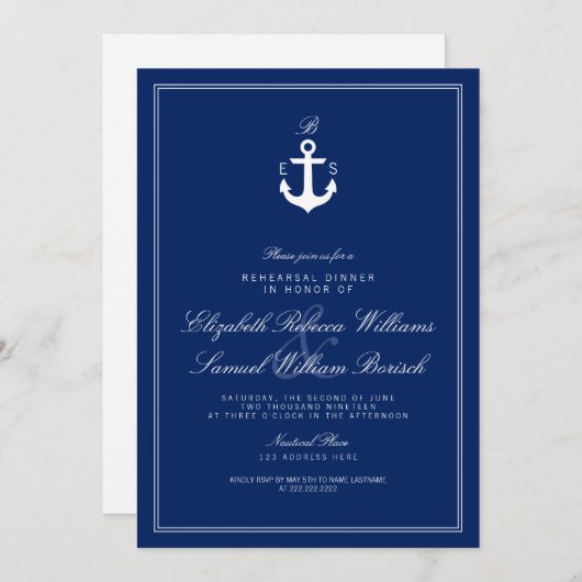 Blue Nautical Monogram Rehearsal Dinner Invite Kaart (Voorkant / Achterkant)
