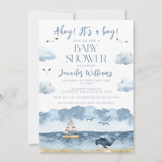 Blue Nautical Ocean Ahoy Het is een jongen baby sh Kaart (Voorkant)