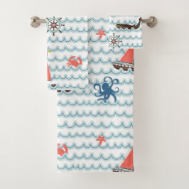 Blue Nautical Scene Pattern Kinder handdoekset Bad Handdoek