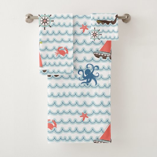 Blue Nautical Scene Pattern Kinder handdoekset Bad Handdoek (Insitu)