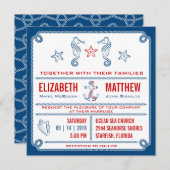 Blue - Nautical Seahorse Wedding Invitation Kaart (Voorkant / Achterkant)