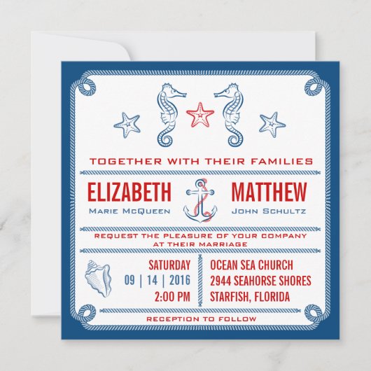 Blue - Nautical Seahorse Wedding Invitation Kaart (Voorkant)