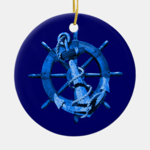 Blue Nautical Ships Wheel and Anchor Keramisch Ornament