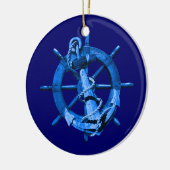 Blue Nautical Ships Wheel and Anchor Keramisch Ornament (Links)
