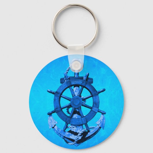 Blue Nautical Ships Wheel and Anchor Sleutelhanger (Voorkant)
