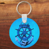 Blue Nautical Ships Wheel and Anchor Sleutelhanger (Voorkant)