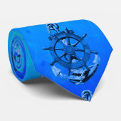Blue Nautical Ships Wheel and Anchor Stropdas (Opgerold)