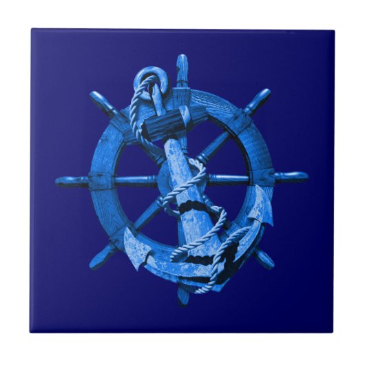 Blue Nautical Ships Wheel and Anchor Tegeltje (Voorkant)
