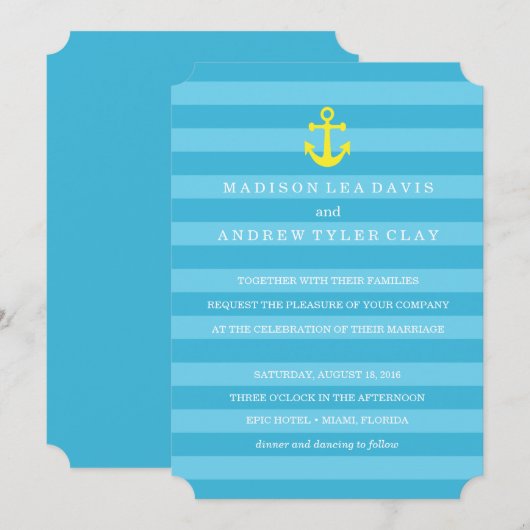 Blue Nautical Stripes Uitnodiging voor het Huwelij (Voorkant / Achterkant)