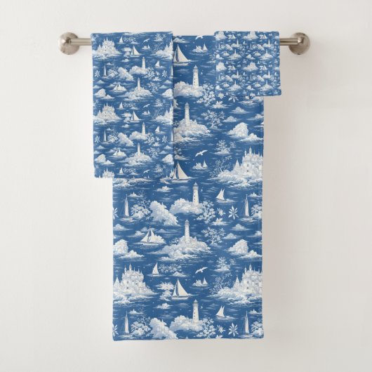 Blue Nautical Toile de Jouy Bad Handdoek (Insitu)