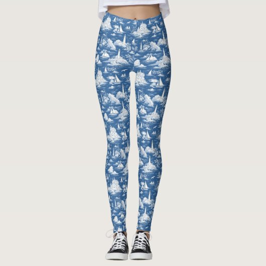 Blue Nautical Toile de Jouy Leggings (Voorkant)