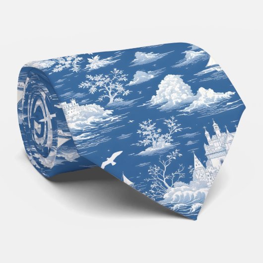 Blue Nautical Toile de Jouy Stropdas (Opgerold)