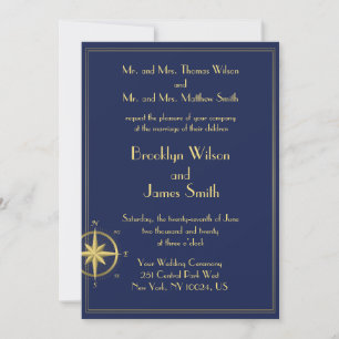 Blue Nautical Wedding Inviting Gold Compass Kaart